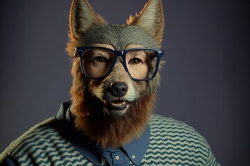 Wall Mural -  a dog wearing glasses and a sweater with a beard and a sweater on it's head is shown in a studio photo with a dark background and a gray background with a black background., ai, Generative