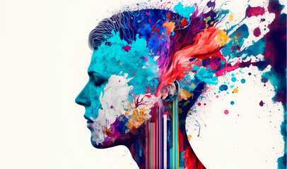 Wall Mural - concept of a colorful creative mind person, 2d face, white background, illustration digital generative ai design art style