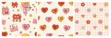 Groovy Lovely Hearts Stickers. Love Concept. Happy Valentines Day. Funky Happy Heart Character In Trendy Retro 60s 70s Cartoon Style. Vector Illustration In Pink Red Colors.