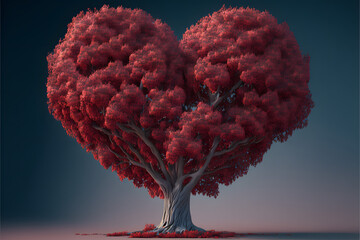 Wall Mural - Red heart love shaped tree, valentines day background, 3d illustration digital generative ai design art style