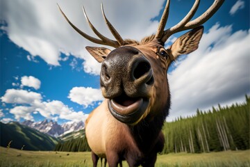 Poster -  a deer with a large antlers head and a sky background with clouds and trees in the background and a blue sky with white clouds and a few white clouds and a few few few., ai, Generative