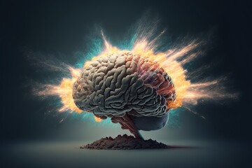 Poster -  a brain exploding out of the center of a pile of dirt with a blue background and a black background with a red and yellow lightening effect on the top of the brain and bottom. Generative AI