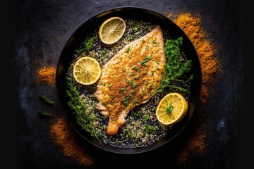  a plate of food with lemons and herbs on it, on a black surface, with a black background, with a black plate of chicken with lemons and parsley on it. Generative AI