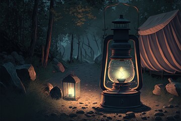 Canvas Print -  a lantern lit up in the dark in a forest with rocks and trees around it and a tent in the background with a tent in the background at night time, with a light from.