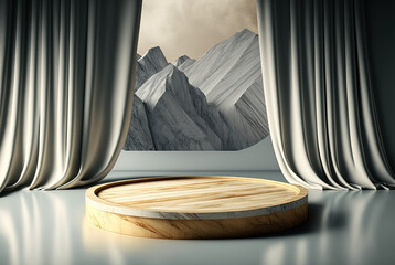 Wood marble platform surrounded by silky curtains. Generative AI.