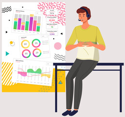 Poster - manager analyzes data scene. male character researching statistics from charts. optimization strateg