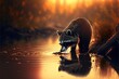  a raccoon is drinking water from a pond at sunset or dawn, with a reflection of its face in the water and a tree in the background, with a yellow light,.