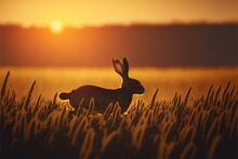 A Rabbit Is Running Through A Field Of Tall Grass At Sunset Or Dawn With The Sun In The Background And The Grass In The Foreground Is Golden And The Foreground, With A.