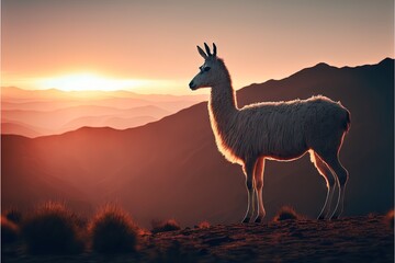 Poster -  a llama standing on a mountain top at sunset with mountains in the background and a sun setting behind it, with a distant horizon visible in the distance, with a distant horizon,., ai, Generative