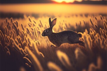  a rabbit running through a field of tall grass at sunset or dawn with the sun setting behind it and the grass in the foreground is golden and the foreground, and the background., ai, Generative