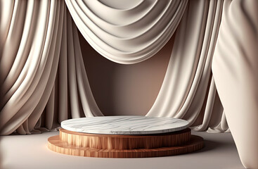 Wood marble platform surrounded by silky curtains. Generative AI.