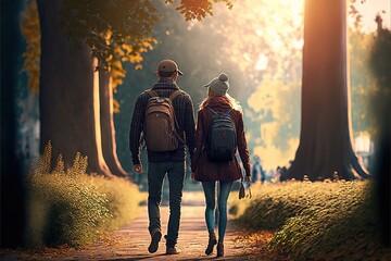 Sticker -  a couple of people walking down a path in the woods with backpacks on their backs and a backpack on their shoulders, with trees in the background, and a sun shining through the trees., ai, Generative