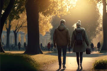 Wall Mural -  a couple walking down a path in a park at sunset or sunrise time, with the sun shining through the trees and the building in the background, the distance, the sun is shining., ai, Generative