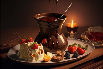 Poster -  a plate of food with a chocolate fondant and fruit on it and a candle in the background with a glass of wine and a candle on the table with a plate of chocolate and.