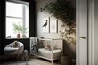  a baby's room with a crib and a potted plant on the wall and a stuffed animal in the crib next to the crib and a potted plant on the wall.