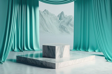 Aquamarine marble platform surrounded by silky curtains. Generative AI.