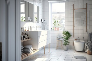  a bathroom with a sink, toilet, and a window with plants in it and a potted plant in the corner of the room on the floor and a shelf with towels on the.