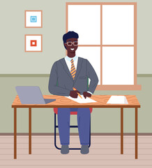 Wall Mural - Office staff, manager work and communication. Office worker at the table. Business employees on their workspace. Co-worker. Businessman or a clerk working at his office workplace flat style