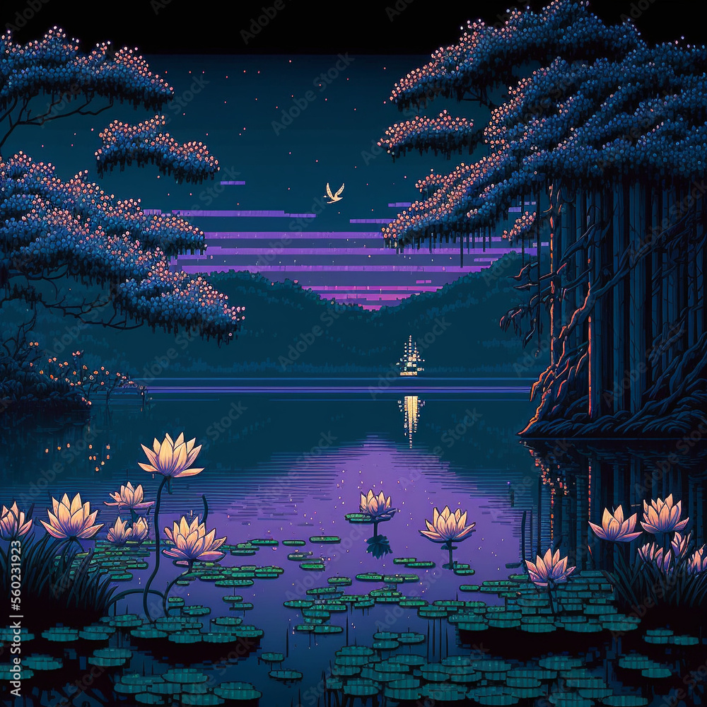 ai generated art of a night view of beautiful lake with its lotus ...
