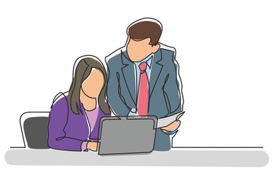 Poster - continuous line drawing boss and employee discussing work task  - PNG image with transparent background