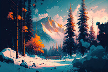 Beautiful Environment Of A Snow Forest Landscape Generative AI