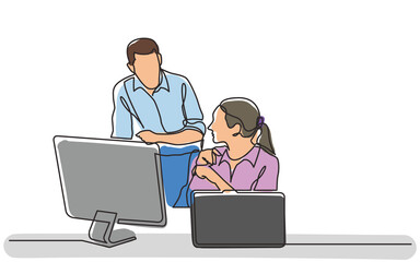 Poster - continuous line drawing office workers discussing problem - png image with transparent background