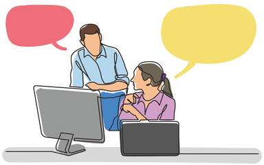 Poster - continuous line drawing office workers discussing problem professionals - png image with transparent