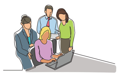 Sticker - continuous line drawing office workers discussion with laptop computer  - PNG image with transparent background