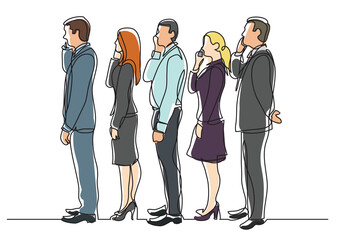 Poster - continuous line drawing office workers standing in line making phone calls - png image with transpar