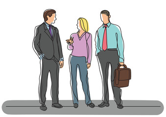 Poster - continuous line drawing three business professionals standing talking - png image with transparent b