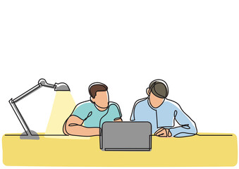Poster - continuous line drawing two co workers working together with laptop - png image with transparent bac