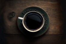  A Cup Of Coffee On A Saucer On A Wooden Table Top With A Cigarette In It And A Black Saucer On The Saucer With A White Tip On The Saucer Is On The.