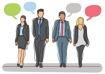 Sticker - continuous line drawing walking team of professionals talking speech bubbles  - PNG image with transparent background