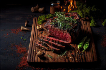 Wall Mural - Grilled beef steaks medium rare with spices on wood plate (Created with Generative AI technology).