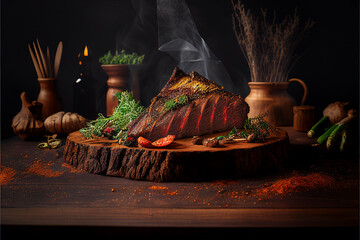 Wall Mural - Grilled beef steaks medium rare with spices on wood plate (Created with Generative AI technology).