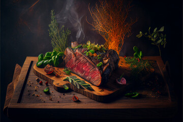 Wall Mural - Grilled beef steaks medium rare with spices on wood plate (Created with Generative AI technology).