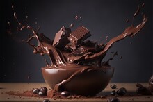  A Chocolate Splash With Chocolate Chunks And Chocolate Chips On A Table With A Dark Background