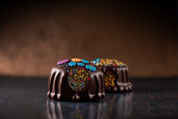 Canvas Print -  three chocolate cakes with colorful decorations on a table top with a brown background and a reflection of the cake on the table top with the chocolate is half gone out Generative AI