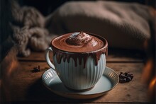  A Cup Of Hot Chocolate With A Saucer On A Saucer On A Table With A Blanket In The Background And A Teddy Bear On The Side Of The Table With A Blanket And A Pillow.