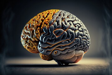  a computer generated image of a human brain with a yellow and orange section highlighted in the middle of the brain and a black background with a gray area for the l Generative AI