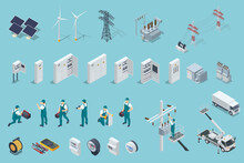 Isometric Electricity Icons Set With Solar Panels, Power Stations, High Voltage Wires, Electric Switchboards, Transformers, Distribution Boards, And Professional Workers In Uniform.