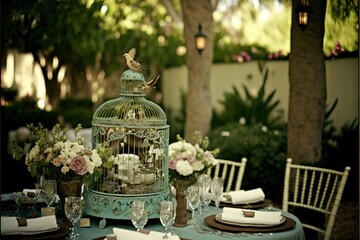 Wall Mural -  a table with a bird cage and flowers on it and place settings on the table for the guests to sit at the table and enjoy the meal in the garden area of the backyard area.