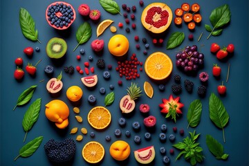 Wall Mural -  a variety of fruits and vegetables are arranged on a blue surface with leaves and berries on top of them, and a few of them are cut up into pieces of fruit, and arranged in the middle.