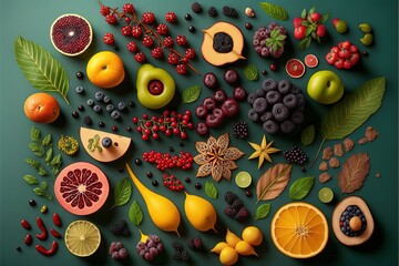 Sticker -  a variety of fruits and berries arranged in a circle on a green surface with leaves and berries on the top of the image and below picture, a variety of berries, oranges,.