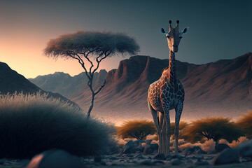 Wall Mural - Landscape with giraffe. Generative AI.