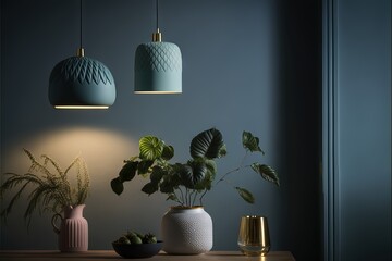 Sticker -  a table with a plant and a vase on it and two lamps above it, and a vase with a plant in it on a table with a gold plate and a blue wall behind.