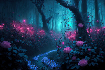 Fantasy fairy tale background with forest and blooming pink rose path. Fabulous fairytale outdoor garden and moonlight background. Digital artwork	