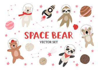 Wall Mural - Big set of cute bear astronauts in space, with planets, stars, rocket and constellation. Hand drawn vector illustration. Scandinavian style flat design. Brown, polar and panda bear, sloth and koala.