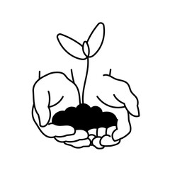 Wall Mural - Hands with sprout. Agriculture sprout in hand. Growth of plants. Soil and fertilizer. Vector line. Editable outline stroke.