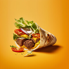 Wall Mural - Durum kebab on a yellow background. Generative AI.
